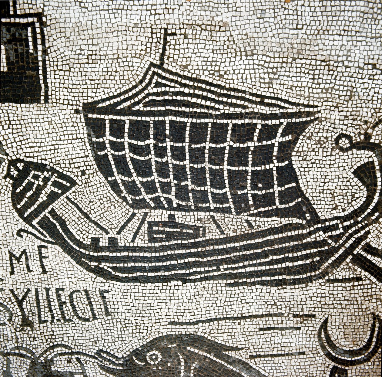 Ett fartyg från Alexandria i hamnen i Ostia (mosaik av Roman
