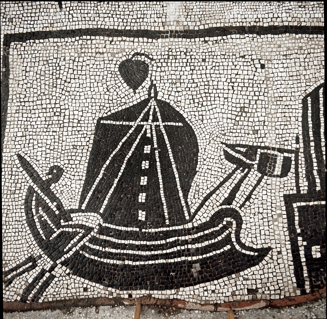 Ett fartyg i hamnen i Ostia (mosaik av Roman