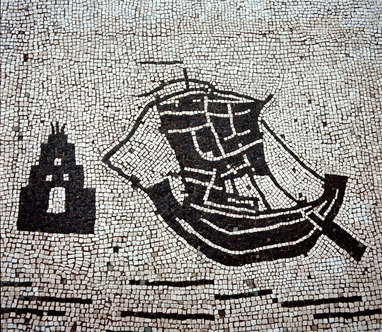 Ett fartyg i hamnen i Ostia (mosaik av Roman