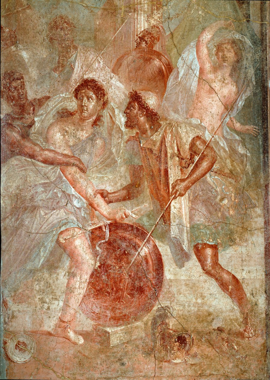 Achilles, förklädnad hos kvinnor, erkänns av Ulysses bland döttrarna till Lycomede en Scyros Fresco of Pompei. 1:a århundradet e.Kr. Dämpa. 145,5x137,5 cm Neapel, nationellt arkeologiskt museum - romersk konst. Våldsam kamp mellan folket i Pompeji och Noce av Roman
