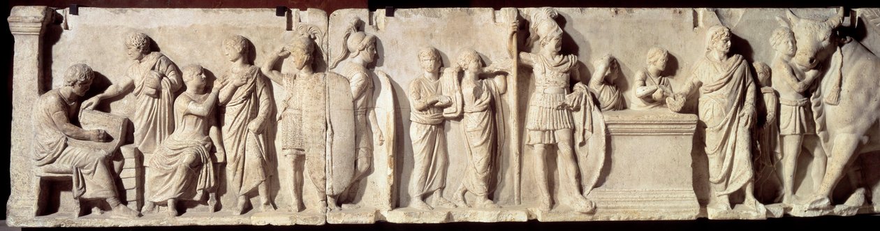 Antikens Rom: relief känd som Domitius Ahenobarbus, avsnitt av en folkräkning: registrering av medborgare och offer till guden Mars. Omkring 100 f.Kr. Sön 2 m. Paris, Louvren av Roman