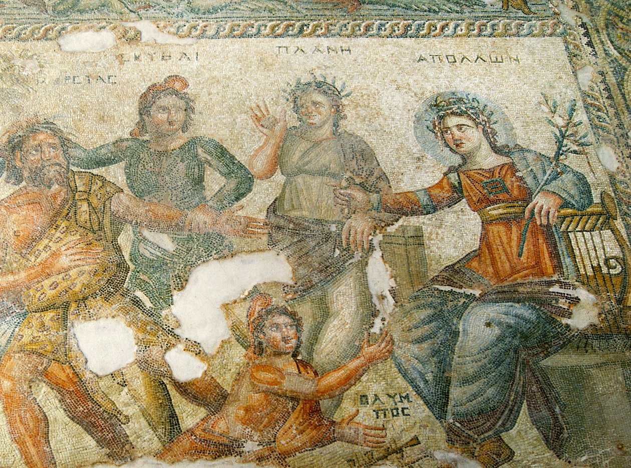 Apollon och Marsyas, Aions hus, Paphos, Cypern (mosaik) av Roman