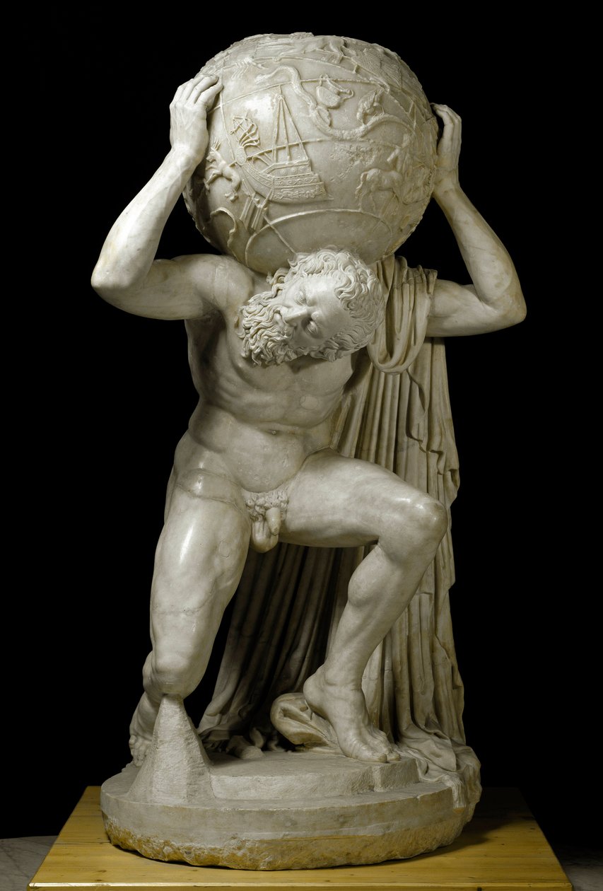 Atlas Farnese Atlas som bär den himmelska jordklotet som symboliserar astronomisk kunskap om perioden. Romersk marmorskulptur efter ett grekiskt original. 2:a århundradet. Dämpa. 191 cm Museo Archeologico Nazionale, Neapel av Roman