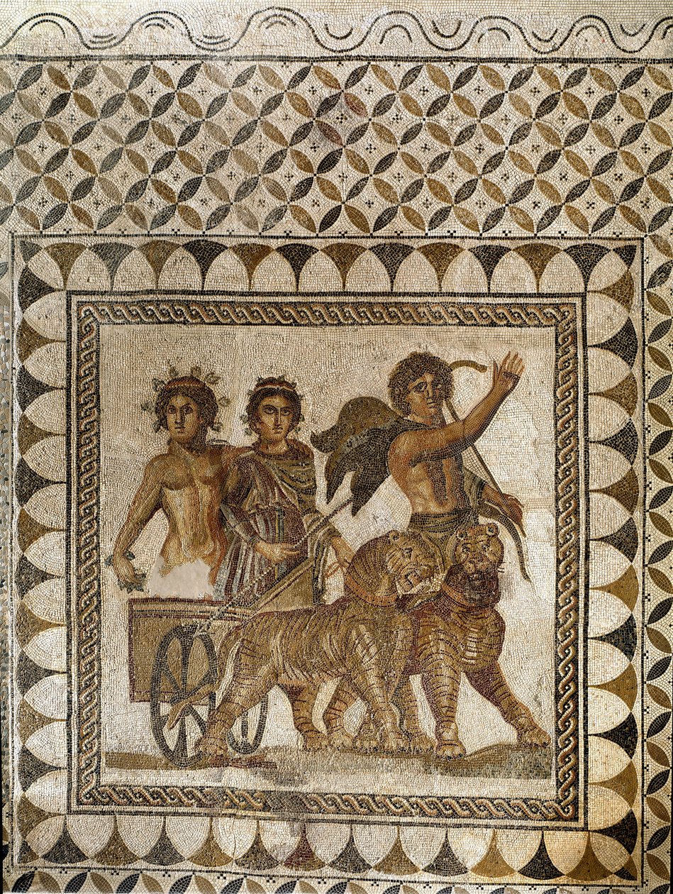Bacchus i en vagn dragen av tigrar, 300-talet (mosaik) av Roman