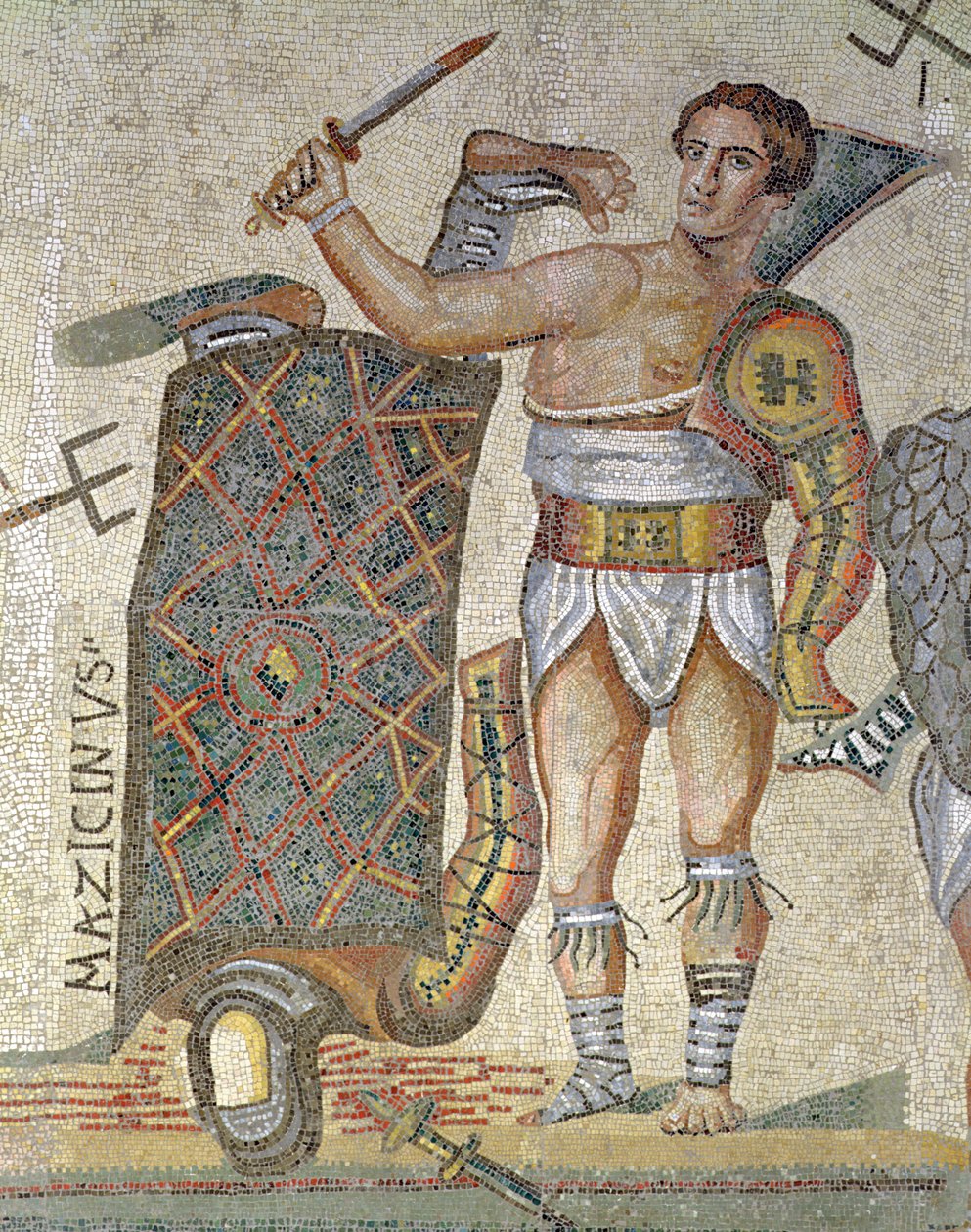 Battle between Gladiators, detalj av en segerrik gladiator, 320 AD (mosaik) av Roman