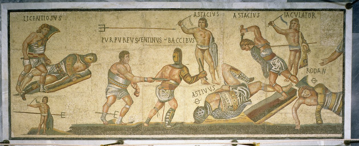 Strid mellan gladiatorer, 320 AD (mosaik) av Roman