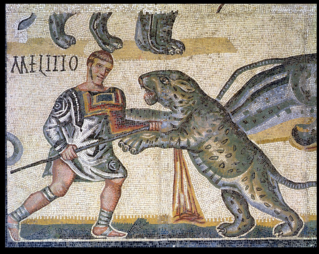 Slaget mellan gladiatorer mot vildkattarna, detalj som visar en gladiator som springer genom en vildkatt, 320 AD (mosaik) av Roman