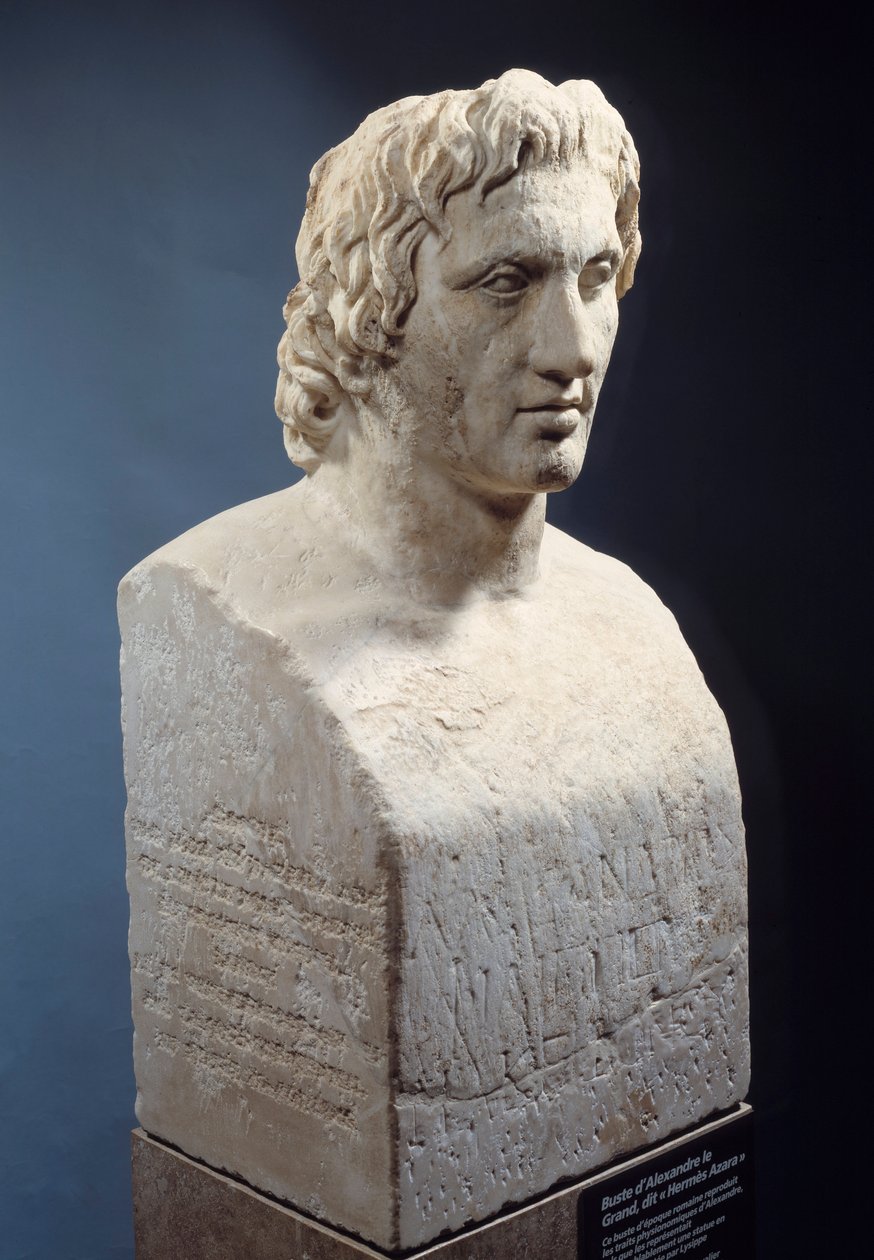 Byst av Alexander den store, känd som "Hermes Azara", romerskt verk efter en bronsstaty av Lysippe. Omkring 330 f.Kr. Paris, Louvren av Roman
