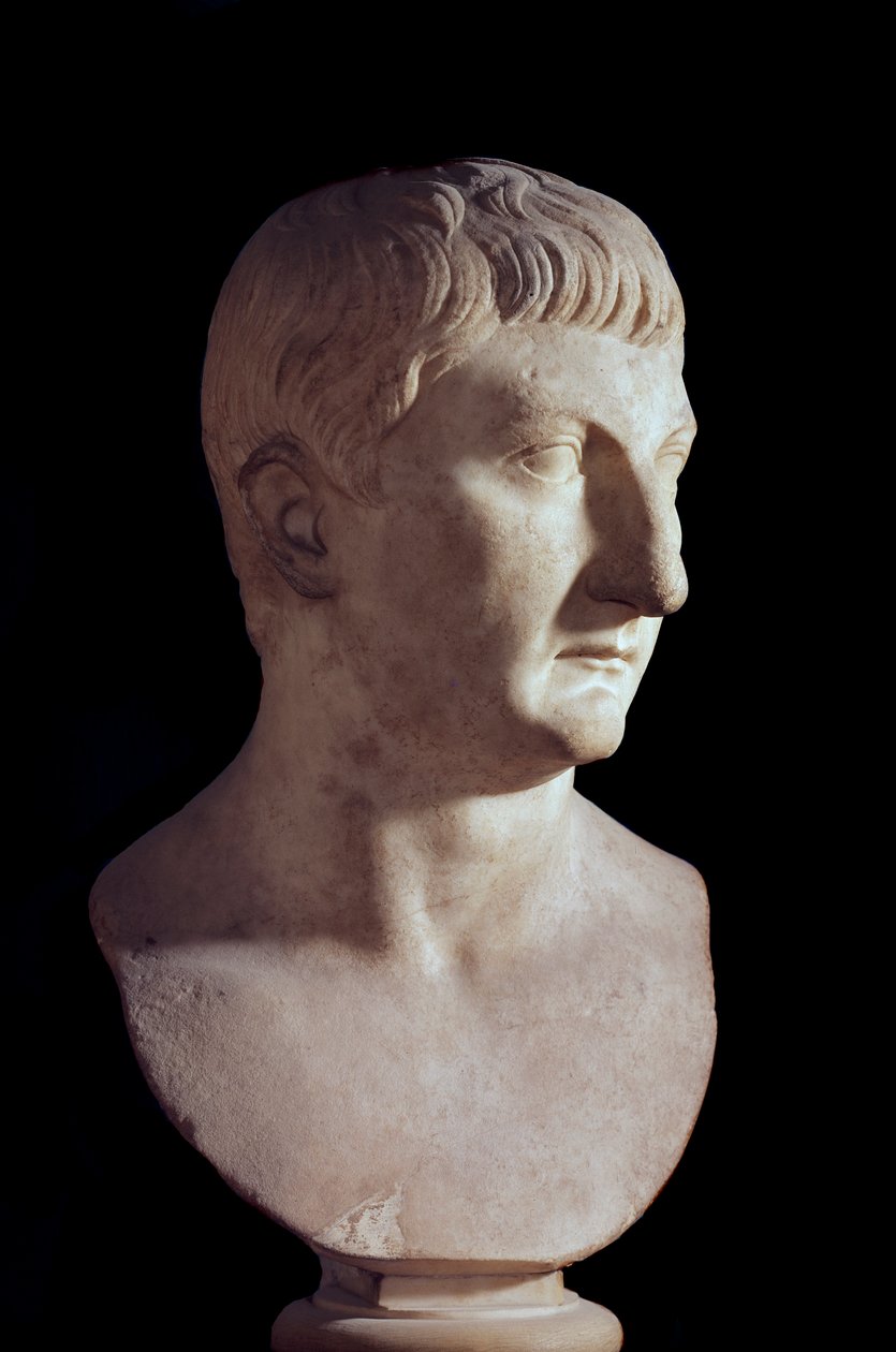 Byst av Drusus den unge (död 23 e.Kr.), son till den romerske kejsaren Tibere (Tiberio Claudio Nerone, 42 f.Kr.-37 e.Kr.). Marmor skulptur. 1:a århundradet e.Kr. Paris, Louvren av Roman