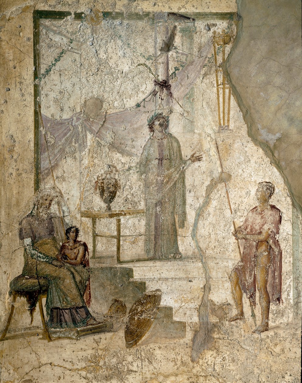 Cassandra profeterar om Trojas fall, hennes far Priamos, som sitter till vänster, hennes bror Paris, som håller i discordens äpple och en krigare lutar sitt spjut (förmodligen Hector) - Fresco av Roman