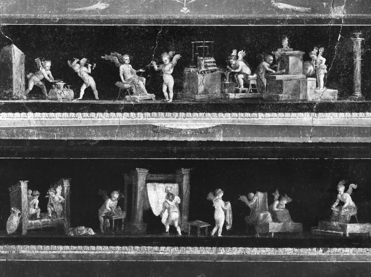Keruber som tjänar pengar och färgar tyg, fris från Oecus of the Casa dei Vettii (Hus of the Vettii) c.50-79 AD av Roman
