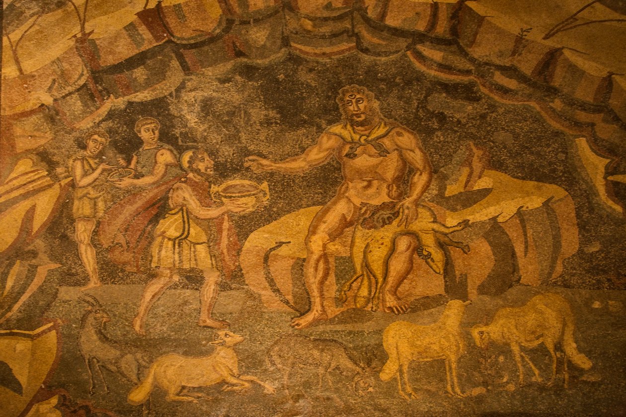 Cyclops golvmosaik, Villa Romana del Casale, Piazza Armerina, Sicilien, Italien (foto) av Roman