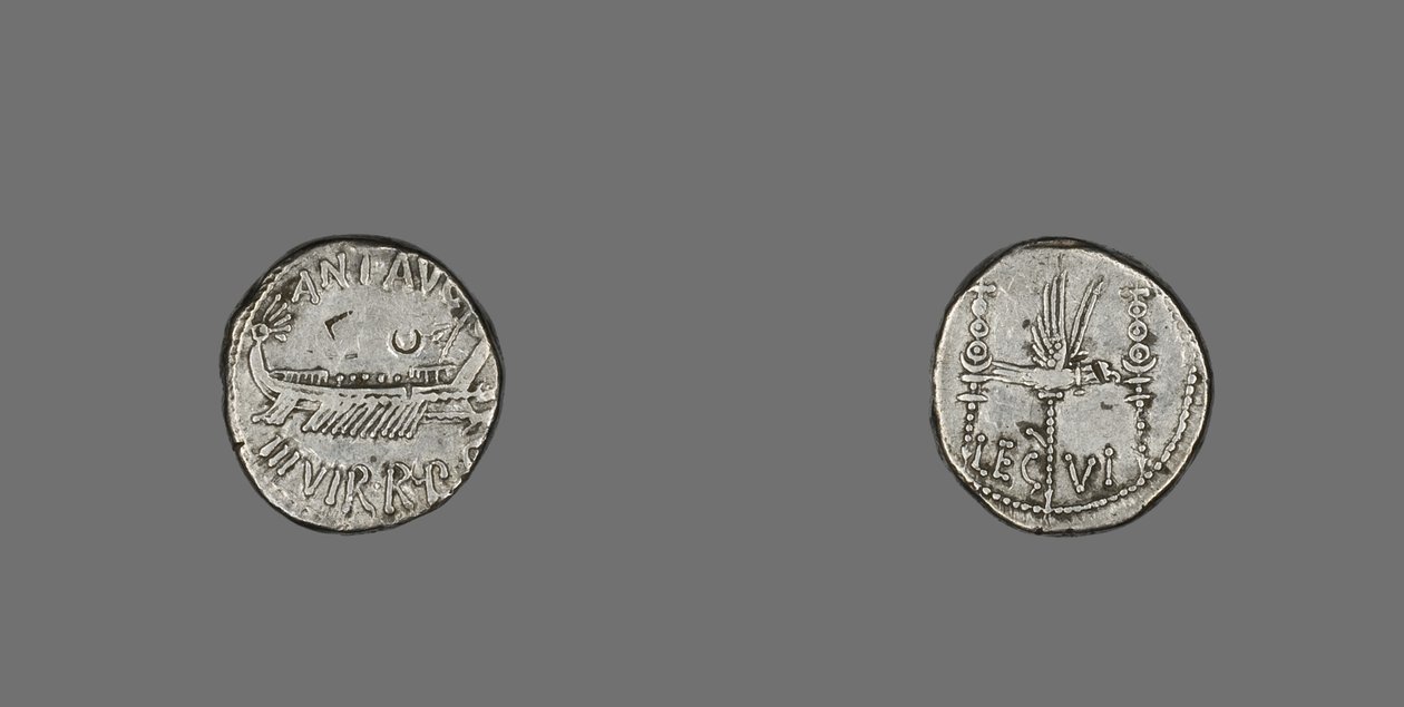Denarius föreställer en galär, 31 f.Kr. (silver) av Roman