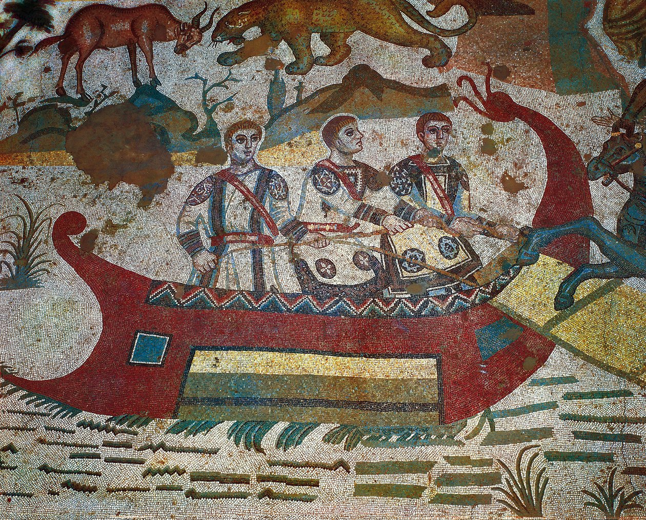 Detalj från Great Hunt-mosaik, Villa Romana del Casale, Piazza Armerina, Sicilien, Italien, 400-talet av Roman