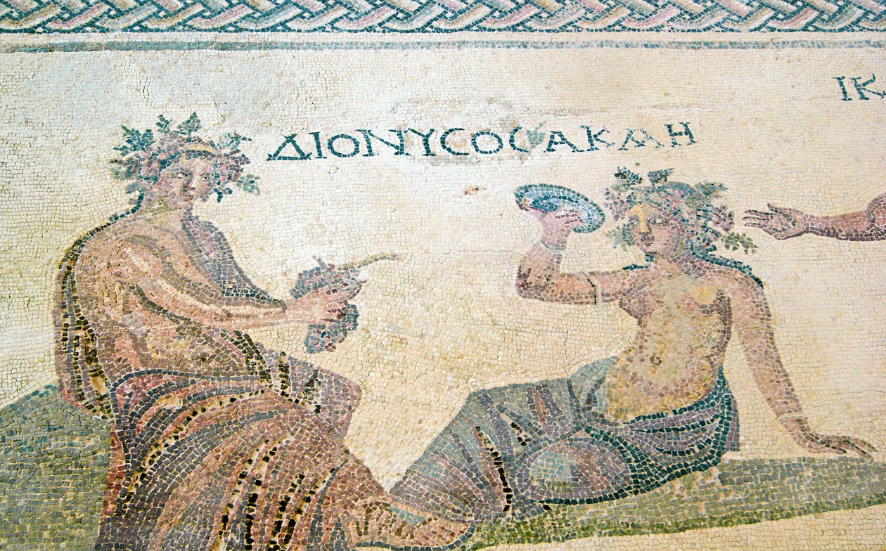 Dionysos som rådgivare till nymfen Akme, Dionysos hus, Paphos, Cypern (mosaik) av Roman