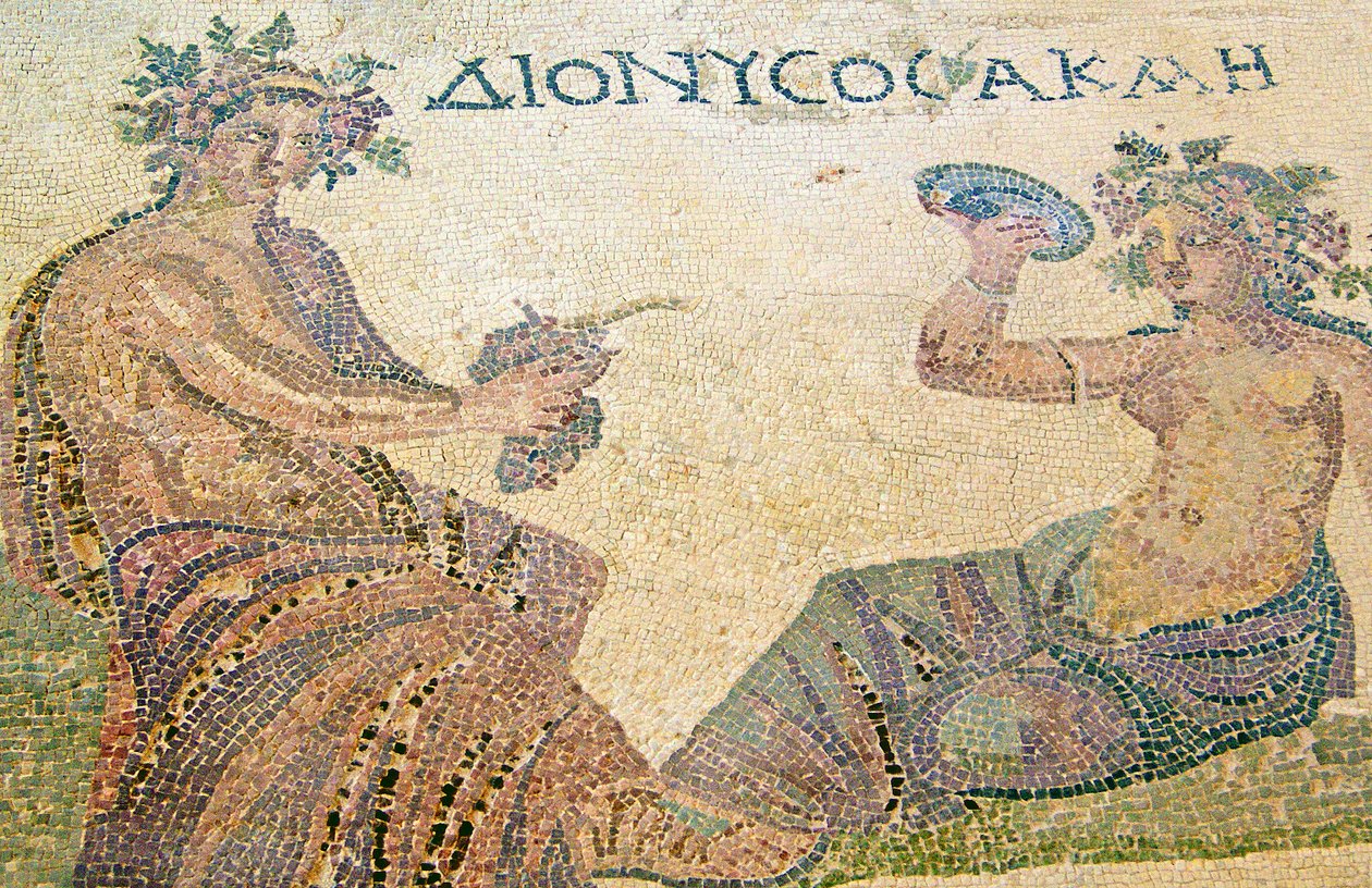 Dionysos som rådgivare till nymfen Akme, Dionysos hus, Paphos, Cypern (mosaik) av Roman