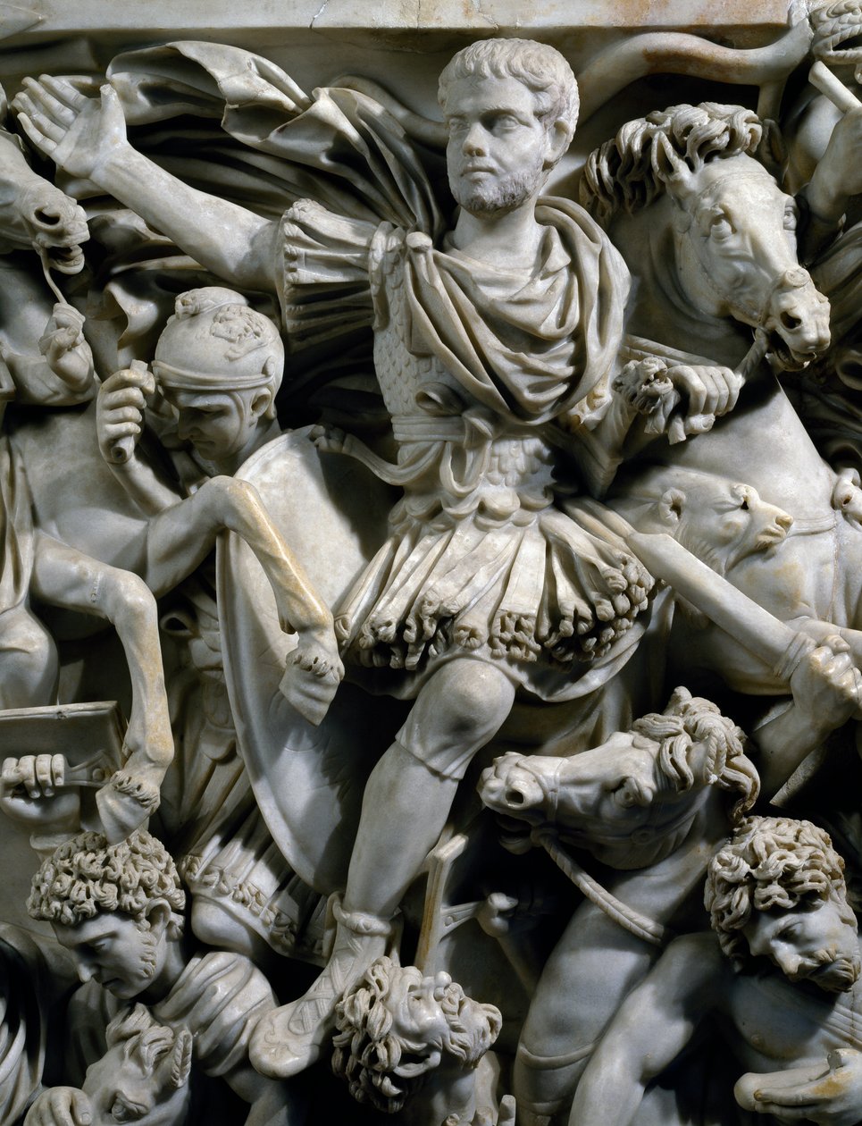 Ryttarporträtt av Hostilianus, son till kejsar Decius, tillsammans med hans vakter till häst, detalj från The Great Ludovisi-sarkofagen med relief som skildrar strid mellan romare och östgoter, ca 260, romersk civilisation, 300-talet av Roman
