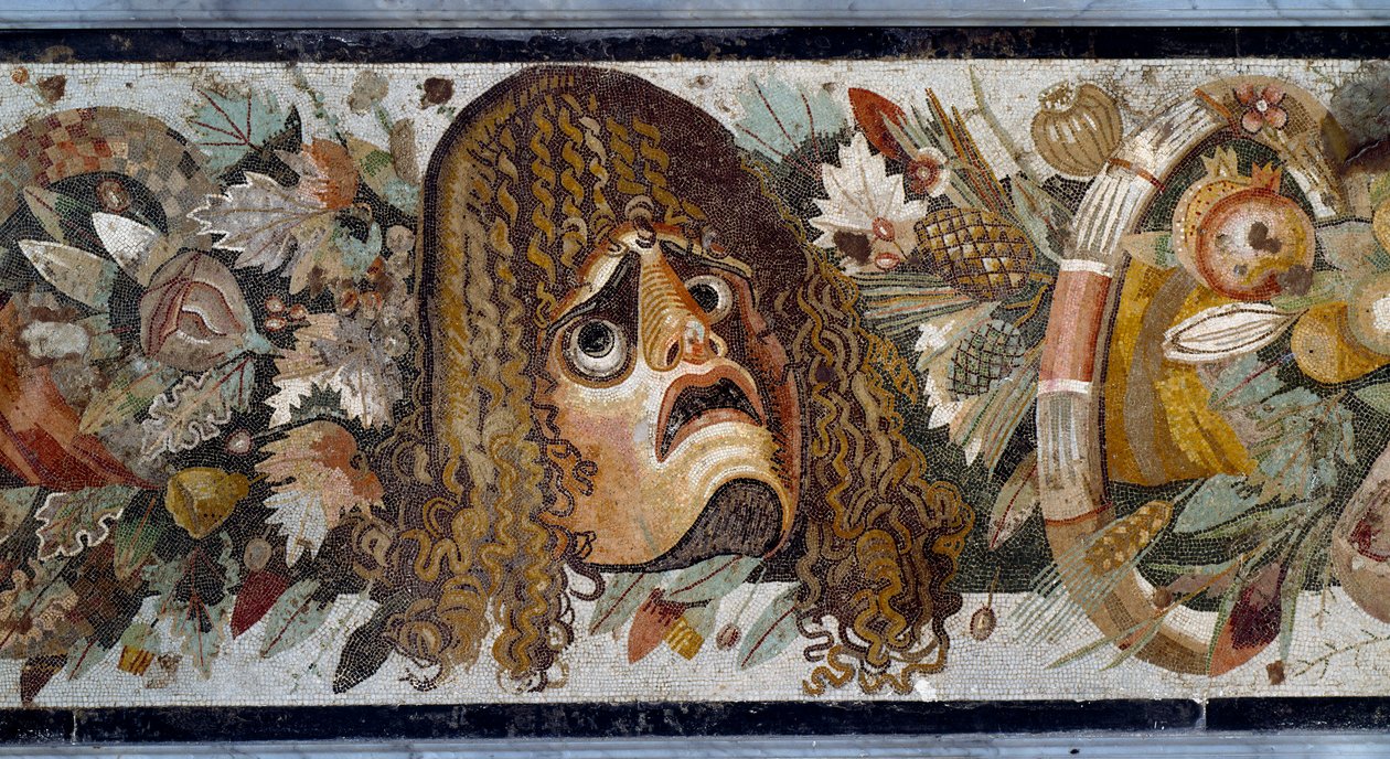 Feston med mask, löv och frukt. Detalj. Mosaik från Casa del Fauno i Pompei, 200-talet f.Kr. Mått: 280 x 49 cm. Museo Nazionale Archeologico, Neapel - romersk konst: festong med tragisk mask, löv och frukter. Detalj. Mosaik från Faunens hus, Po av Roman