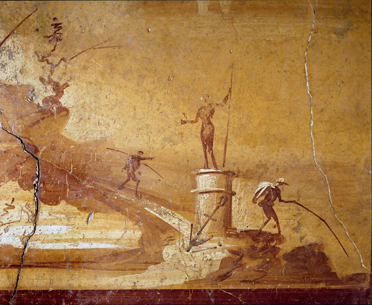 Fiskescen Detalj av en monokromatisk fresk från Herculanum (Ercolano) 1:a århundradet f.Kr. Neapels arkeologiska museum n. 9493 av Roman