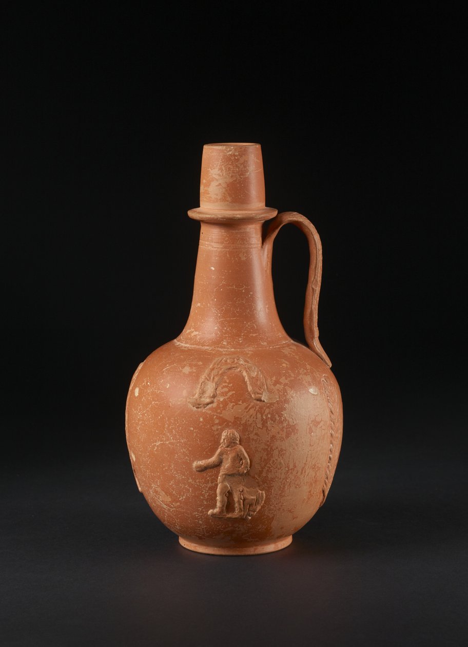 Flagon med applicerad dekoration av man, fågel, palmer och girlanger, Nordafrika (afrikansk röd slipgods) av Roman