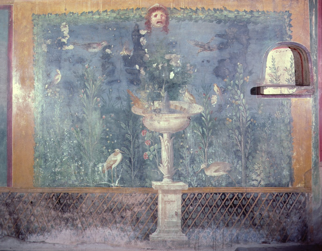 Fontän, mask och fåglar, Venus hus i skal, Pompei, Italien (fresk) av Roman