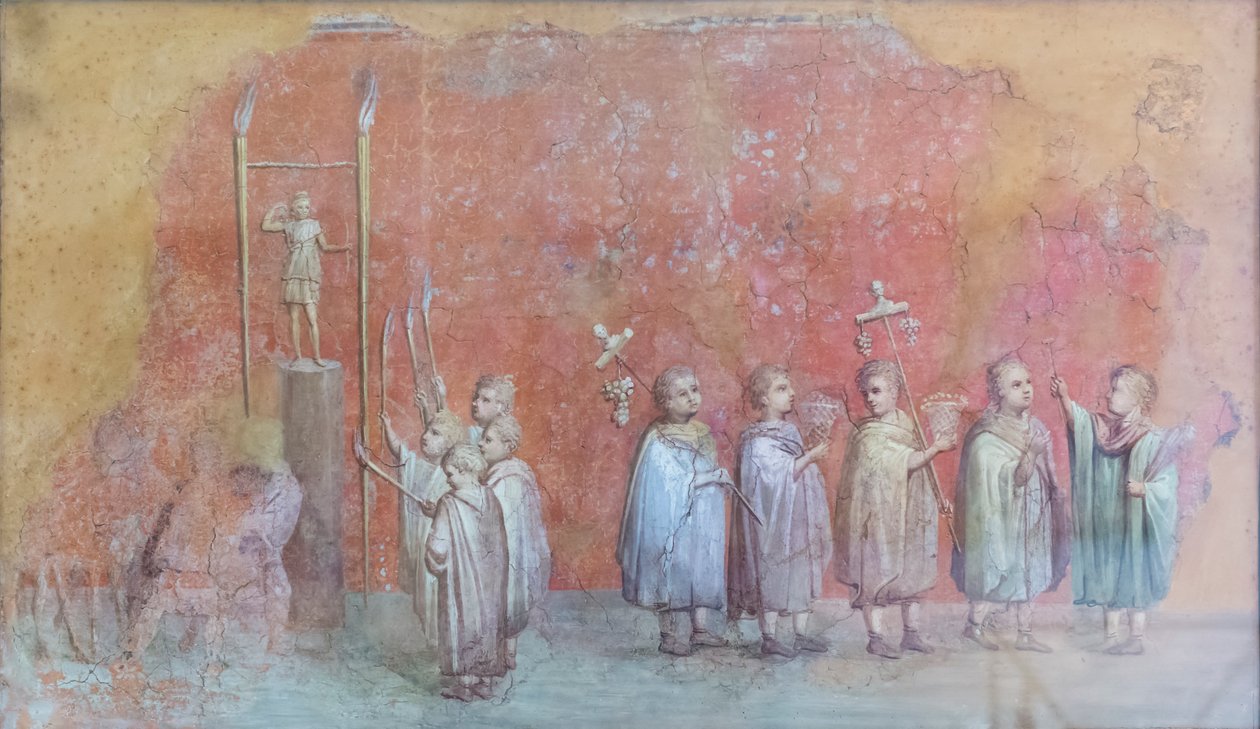 Freskfragment av en kalender som föreställer barn i en procession, möjligen firandet av kejsar Severus födelsedag och som representerar april månad, tredje århundradet e.Kr. (fresk) av Roman
