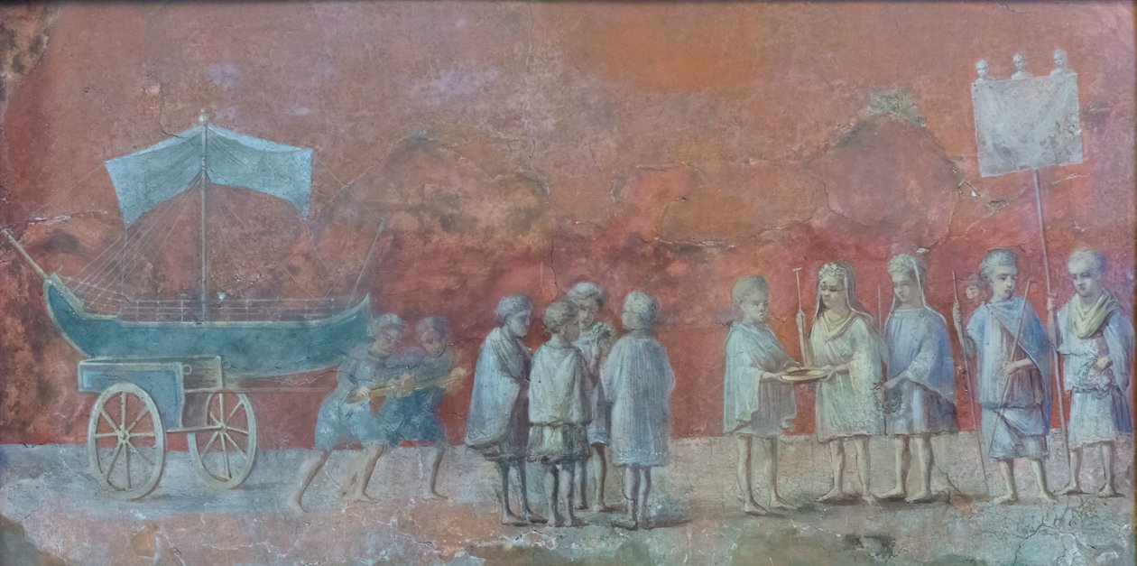 Freskfragment av en kalender som visar navigeringen Isidis, en försoningsfestival som hölls i början av en resa och som representerar mars månad, tredje århundradet e.Kr. (fresk) av Roman