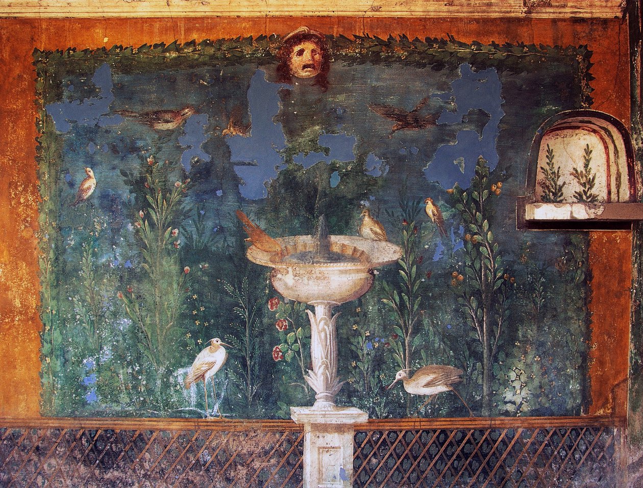 Fresk med fontän, mask och fåglar, Venus hus i skal, Pompeji, Kampanien, Italien, romersk civilisation av Roman