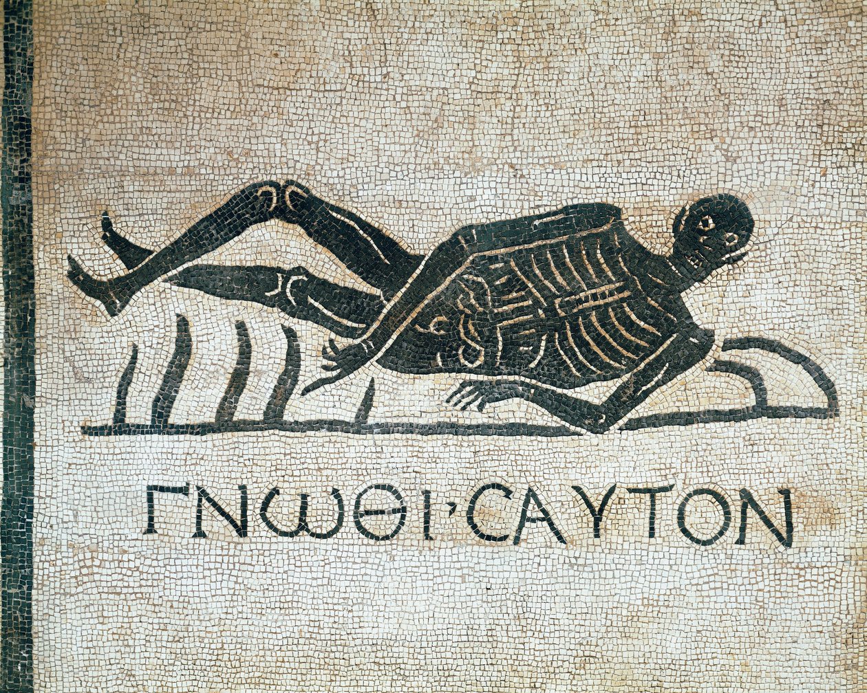 Gnothi seauton (Känn dig själv memento mori i mosaik från utgrävningar i klostret St. Gregory i Rom, med det grekiska mottot 3:e århundradet f.Kr.) Museo Nazionale Romano (o delle Terme) Rom av Roman