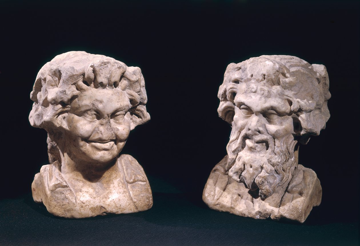 Bacchus huvud och en satyr från en hermatisk pelare av Roman