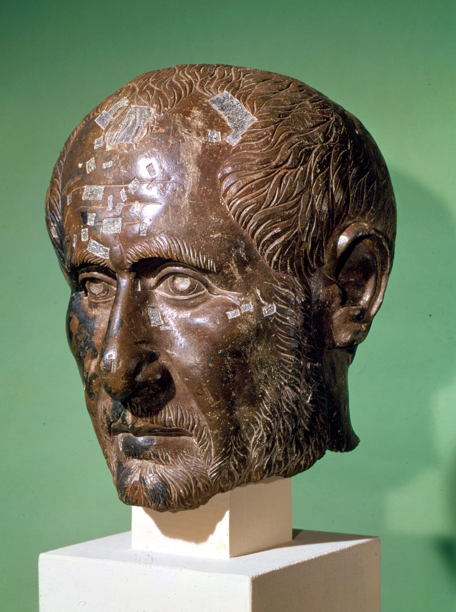 Huvud av Trajanus Decius (201-251) från Samisegetuza, Rumänien (brons) av Roman