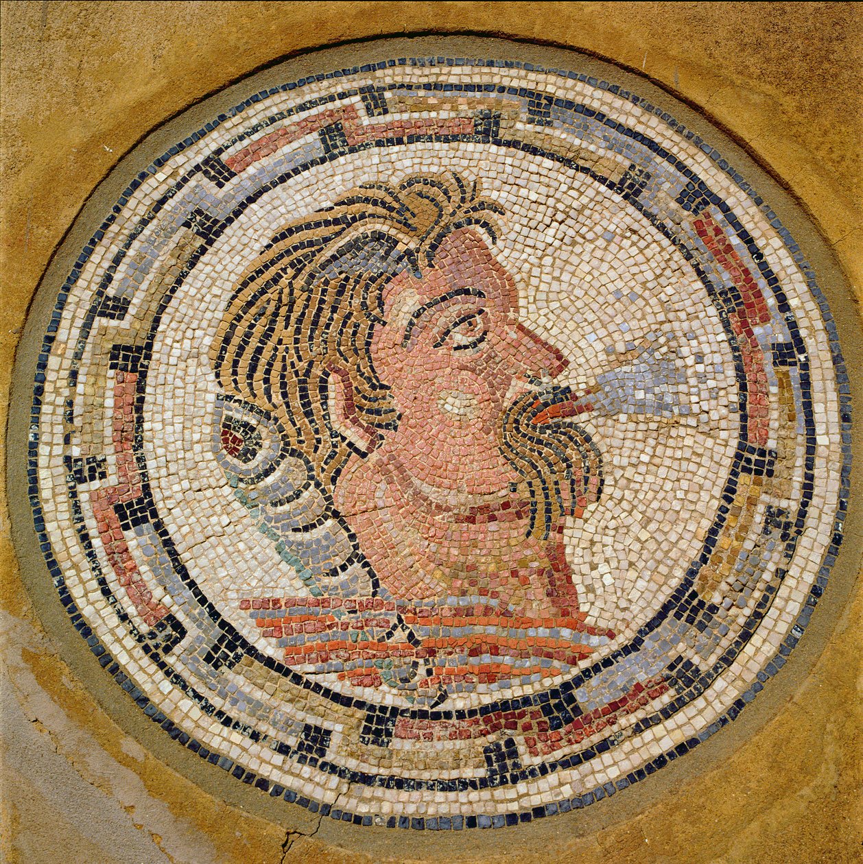 Manshuvud, romersk mosaik från Orfeus