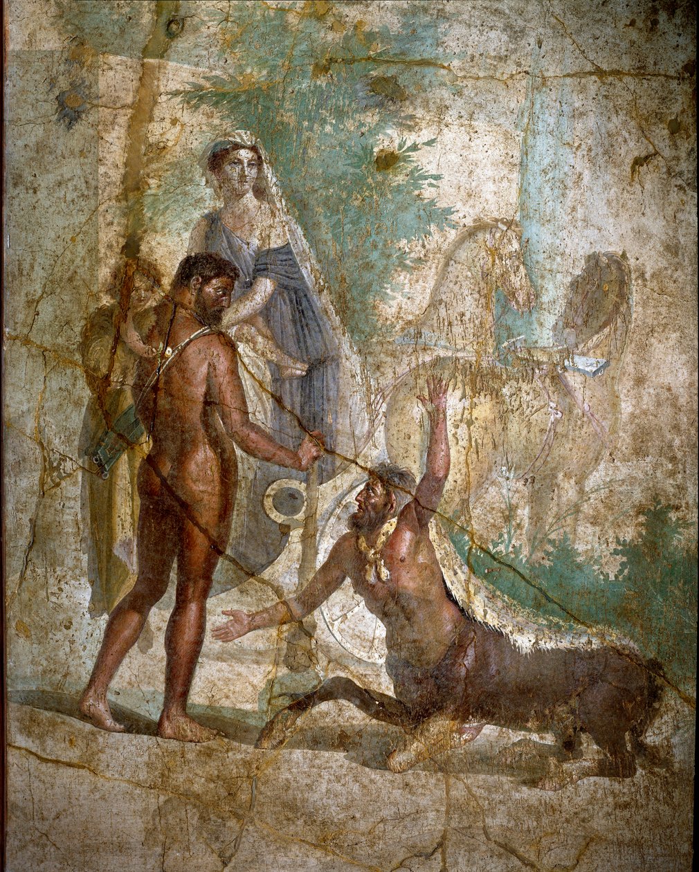 Hercules, Dejanire och kentauren Nessus”” Kentauren Nessos tar bort Dejanire men Hercules räddar henne genom att genomborra hennes pilar härdat från giftet från Hydra of Lerne. Romersk fresk efter ett grekiskt original från 300-talet f.Kr. Början av 1:a c av Roman