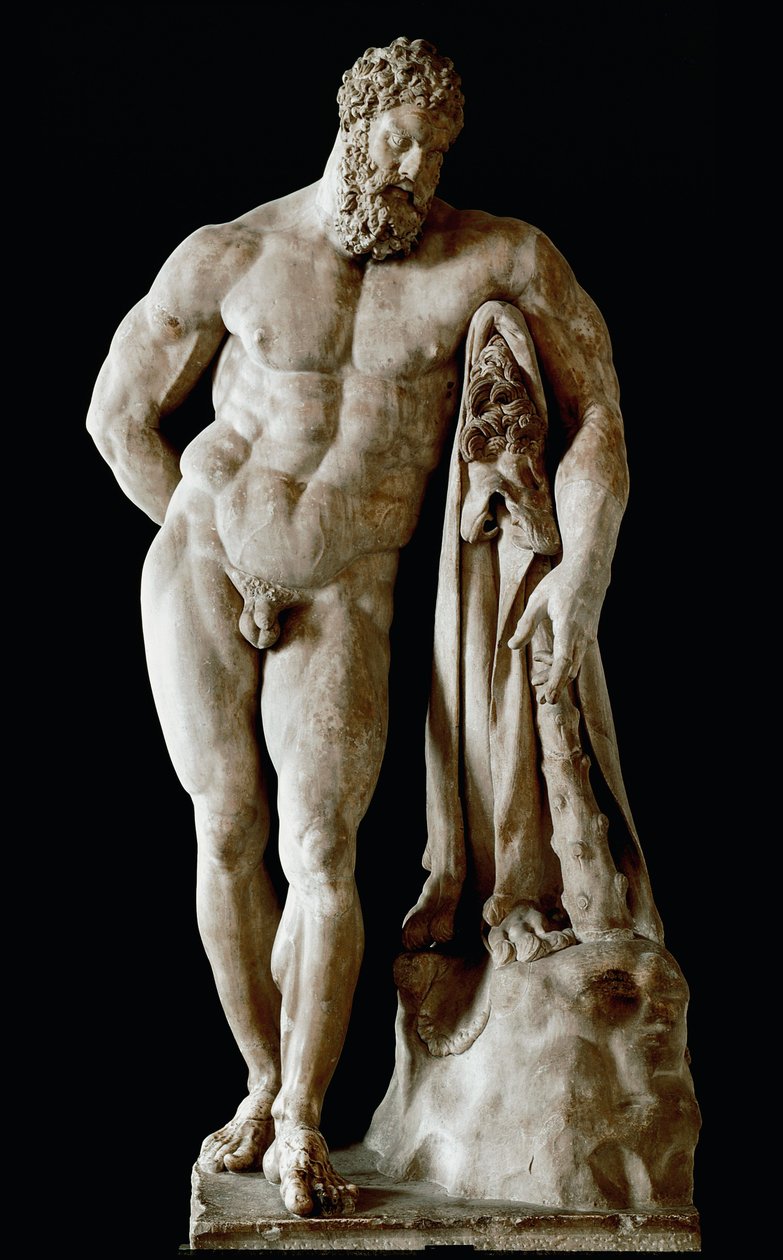 Hercules Farnese Kolossal skulptur av glykonmarmor från termalbaden i Caracalla i Rom från ett grekiskt original av Lysipus av Sicyone, Dim. 3,17 m, 300-talet efter JC - Neapels arkeologiska museum - Farnese Hercules - Marmorskulptur (H.31) av Roman