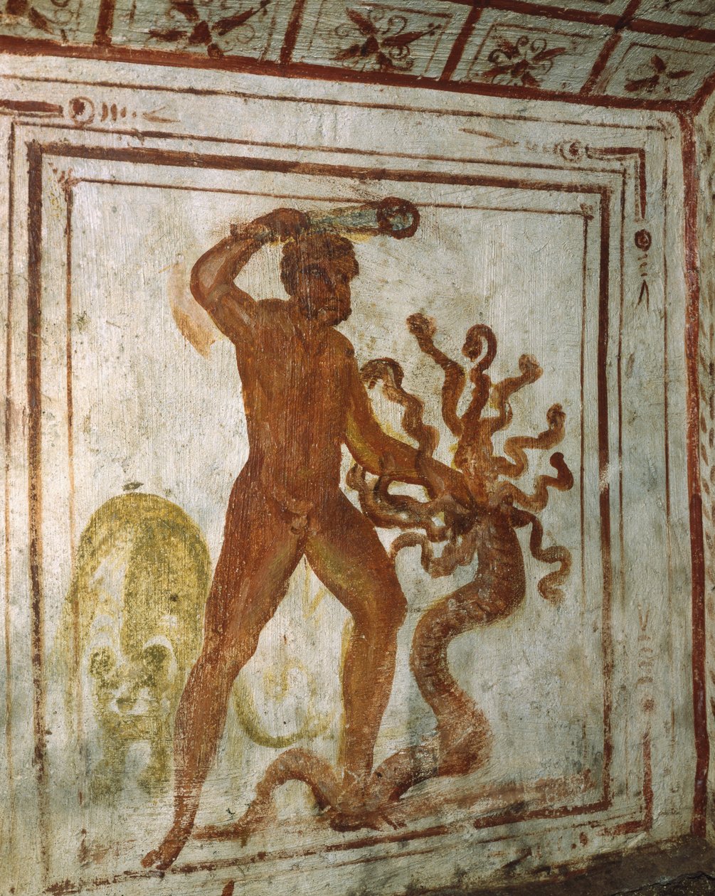 Hercules och Lernaean Hydra, fresk, Via Latina Catacomb, Rom, Italien, 400-talet av Roman