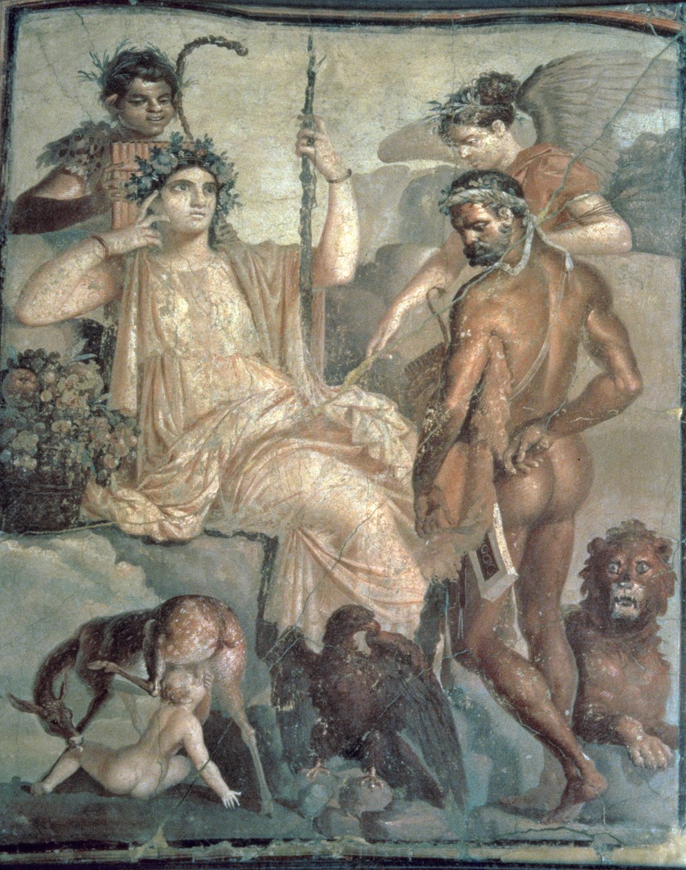 Herkules upptäcker Telephus, ca 70 e.Kr., romersk, borttagen från "basilikan" vid Herculaneum (väggmålning) av Roman