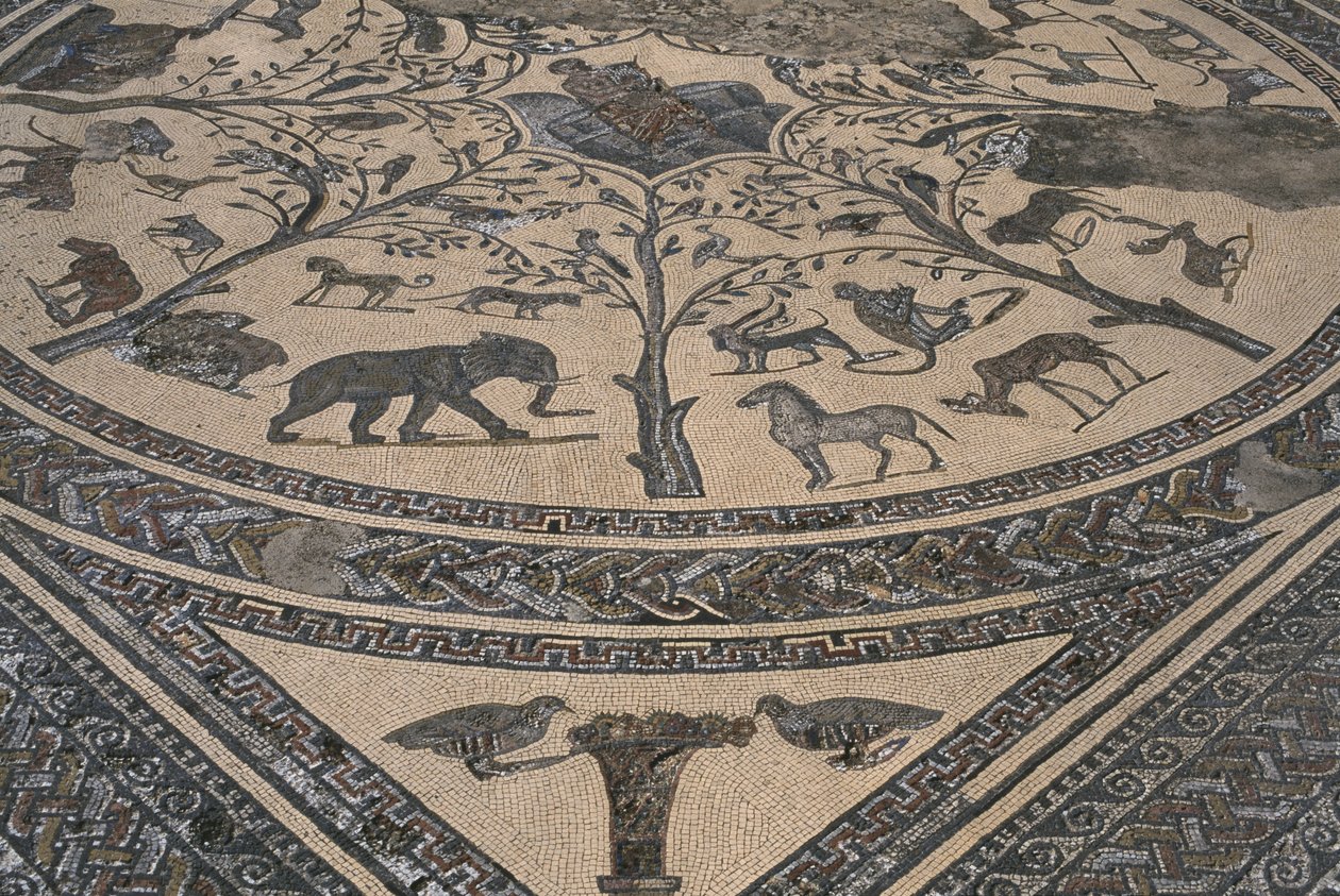 House of Orpheus, Orpheus omgiven av vilda djur, detalj (mosaik) av Roman