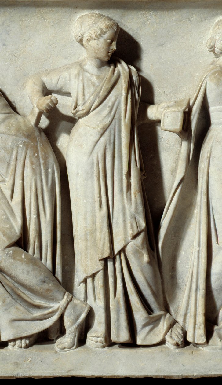 La muse Calliope, detalj av Sarcophagus des Muses: representation av musernas deesses av konster och bokstäver. Skulptur i marmor. 150 e.Kr. Paris, Louvren. av Roman