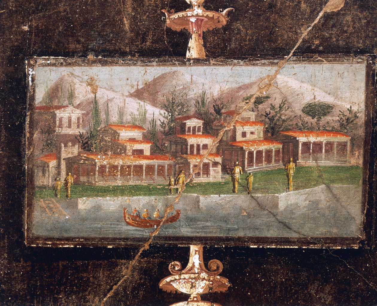 Landskap och arkitektur i väggmålning i tablinum, House of Marco Lucrezio Frontone, Pompei, Campania, romersk civilisation av Roman