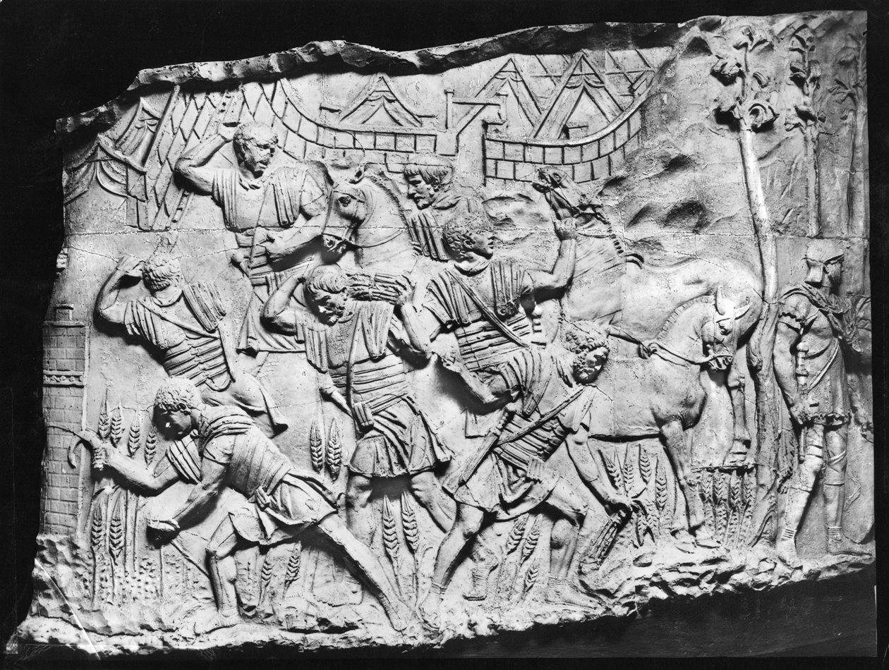 Legionärer som plockar korn, en avgjutning hämtad från Trajans kolumn, AD 110-113 (gips) av Roman
