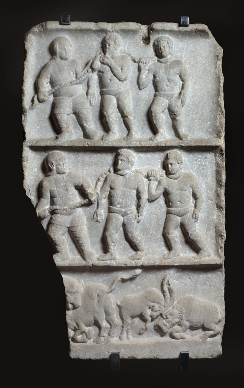 Marmorrelief med 3 register: slavar i kedjor och djur, ca 200 e.Kr. (marmor) av Roman