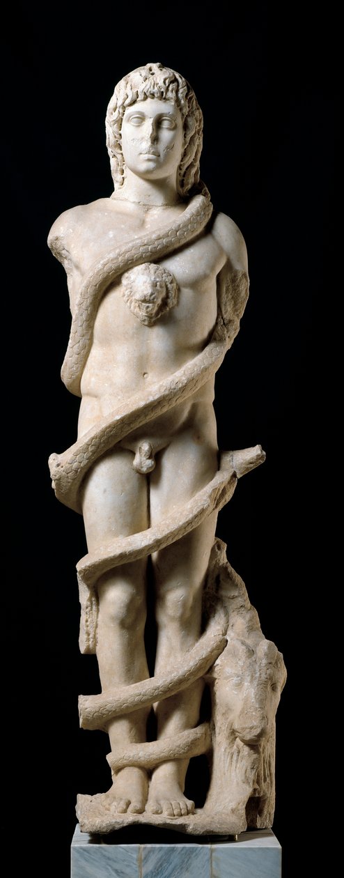 Mithraisk kult: representation av den gudomliga Mithra med Chronos (cronos) den rullande ormen, symbol för tiden. Marmorskulptur från 200-talet e.Kr. Dämpa. 167 cm Merida, Museo Nacional de Arte Romano av Roman