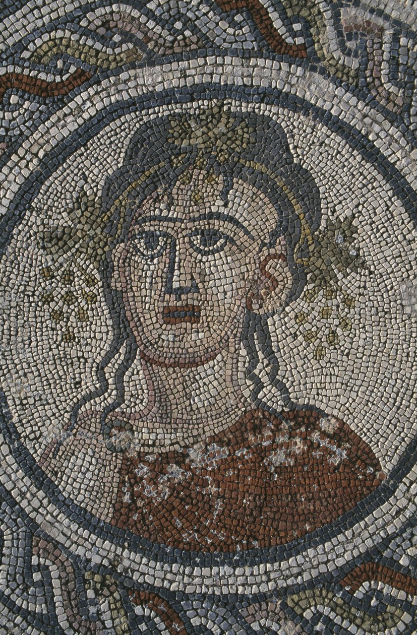 Mosaik som föreställer de fyra årstiderna, Dionysos hus, detalj, huvud (mosaik) av Roman