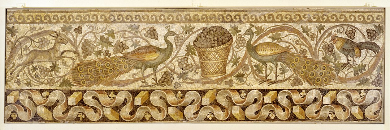 Mosaic of a Vine Scroll Border with Peacocks, Antiokia, 526-540 av Roman