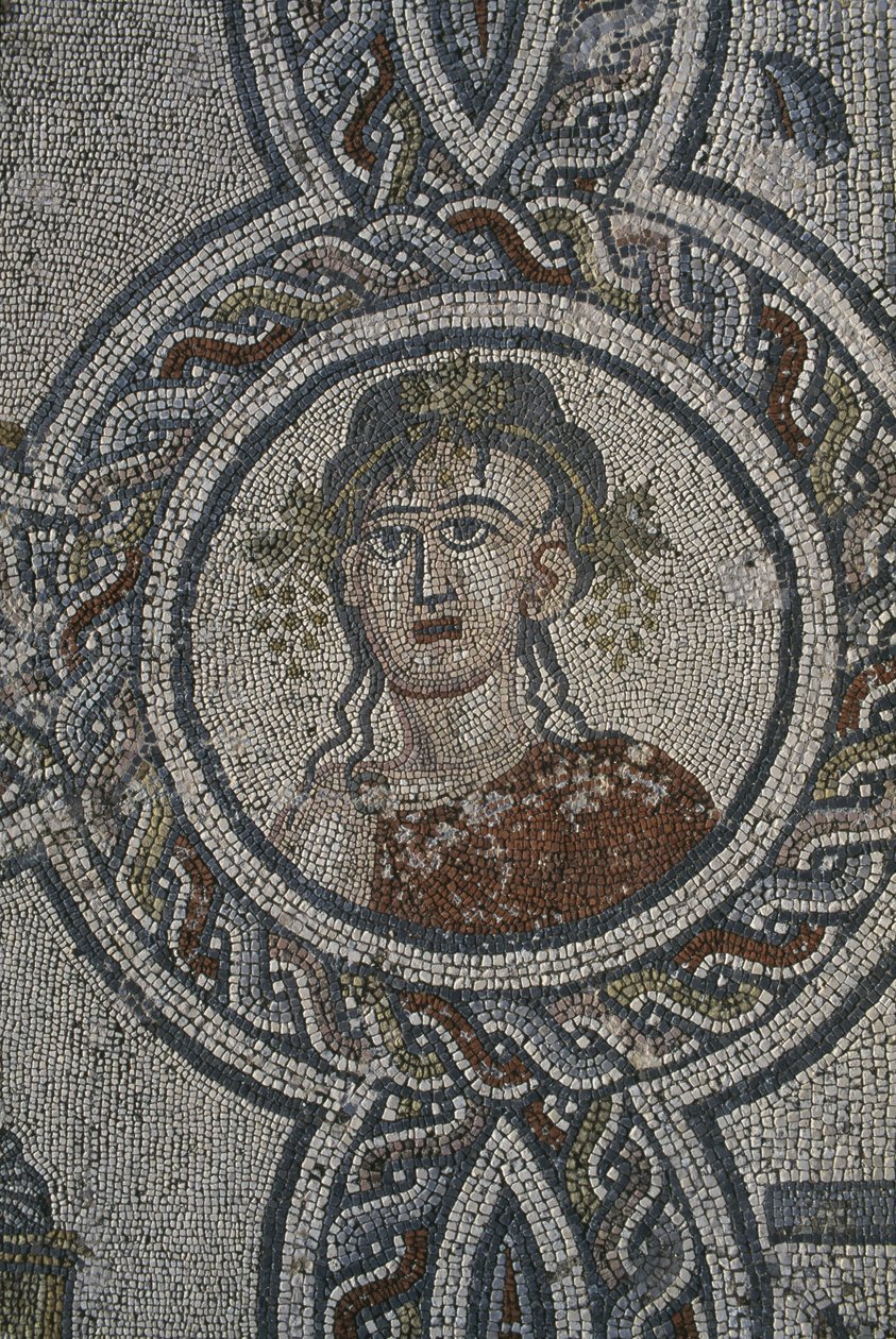 Mosaik av de fyra årstiderna, Dionysos hus, detalj, huvud (mosaik) av Roman