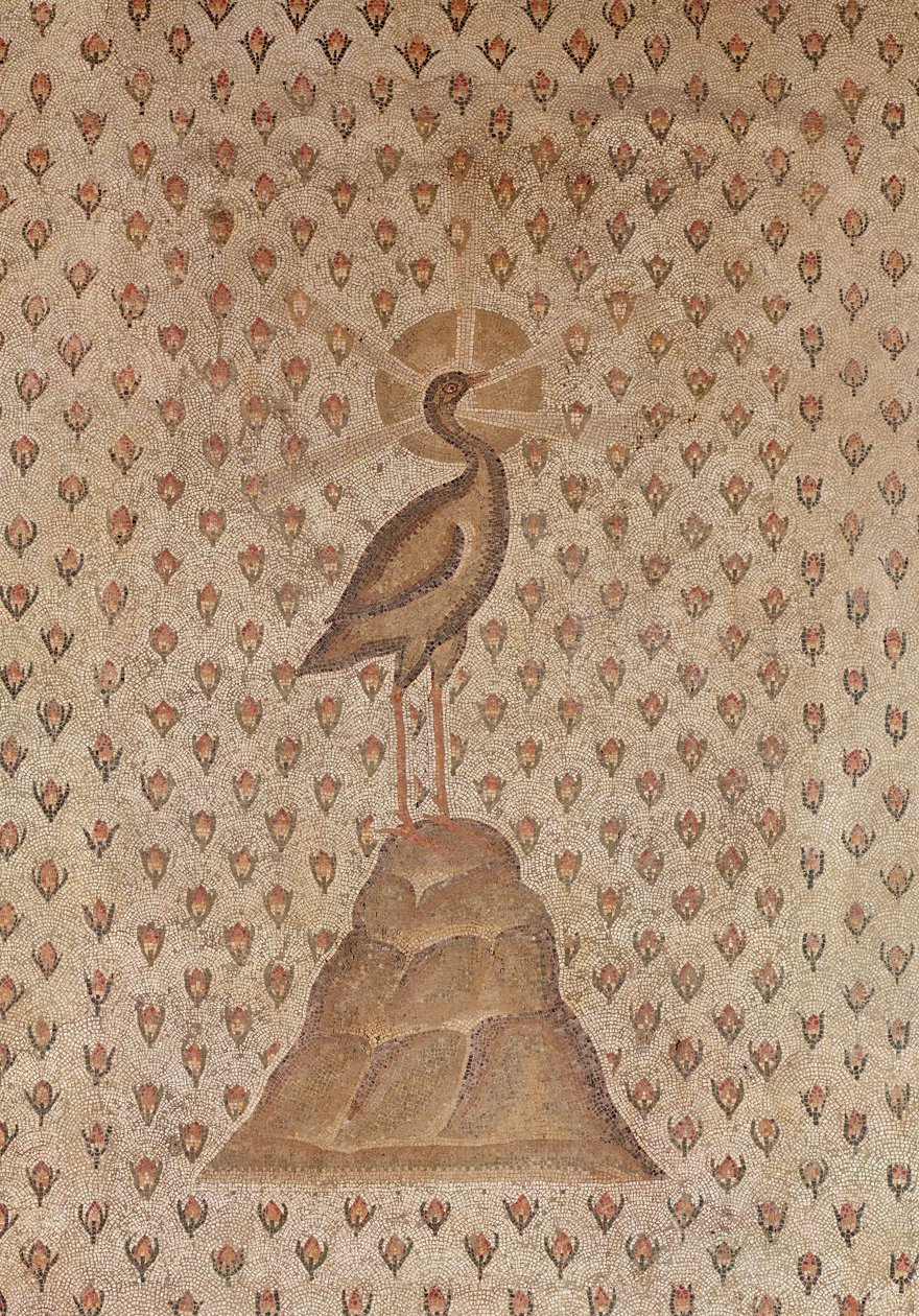 Mosaikbeläggning, detalj av centralt motiv föreställande en Fenix på en bädd av rosenknoppar, från gården till en villa i Daphne, Antiokia, Romerska, sent 500-tal f.Kr. marmor- och kalkstensmosaikdetalj av 1 av Roman