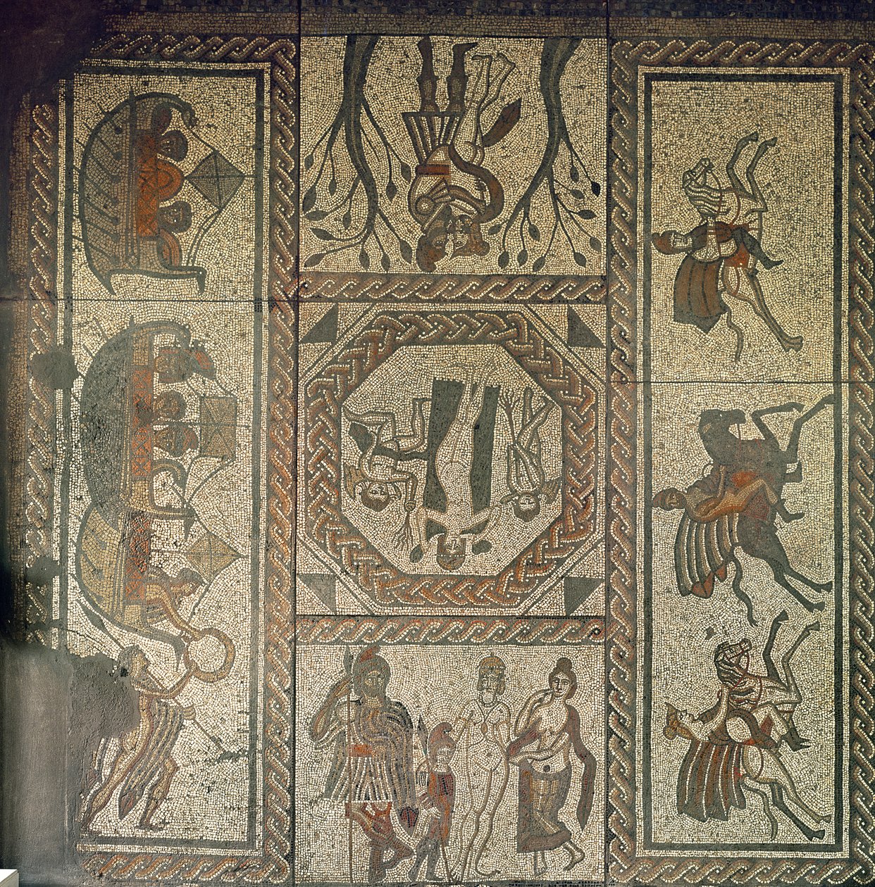 Mosaisk trottoar från den romerska villan i Low Ham, som illustrerar historien om Dido och Aeneas från Virgils Aeneid, ca 350 e.Kr. (mosaik) av Roman
