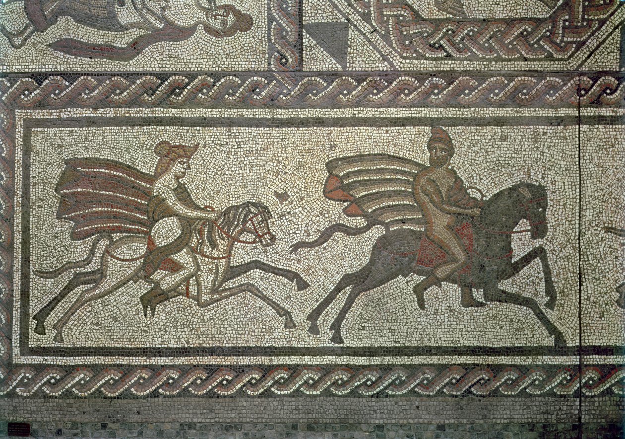 Mosaisk trottoar från den romerska villan i Low Ham, som illustrerar historien om Dido och Aeneas från Virgils Aeneid, ca 350 AD mosaikdetalj från 5959 av Roman