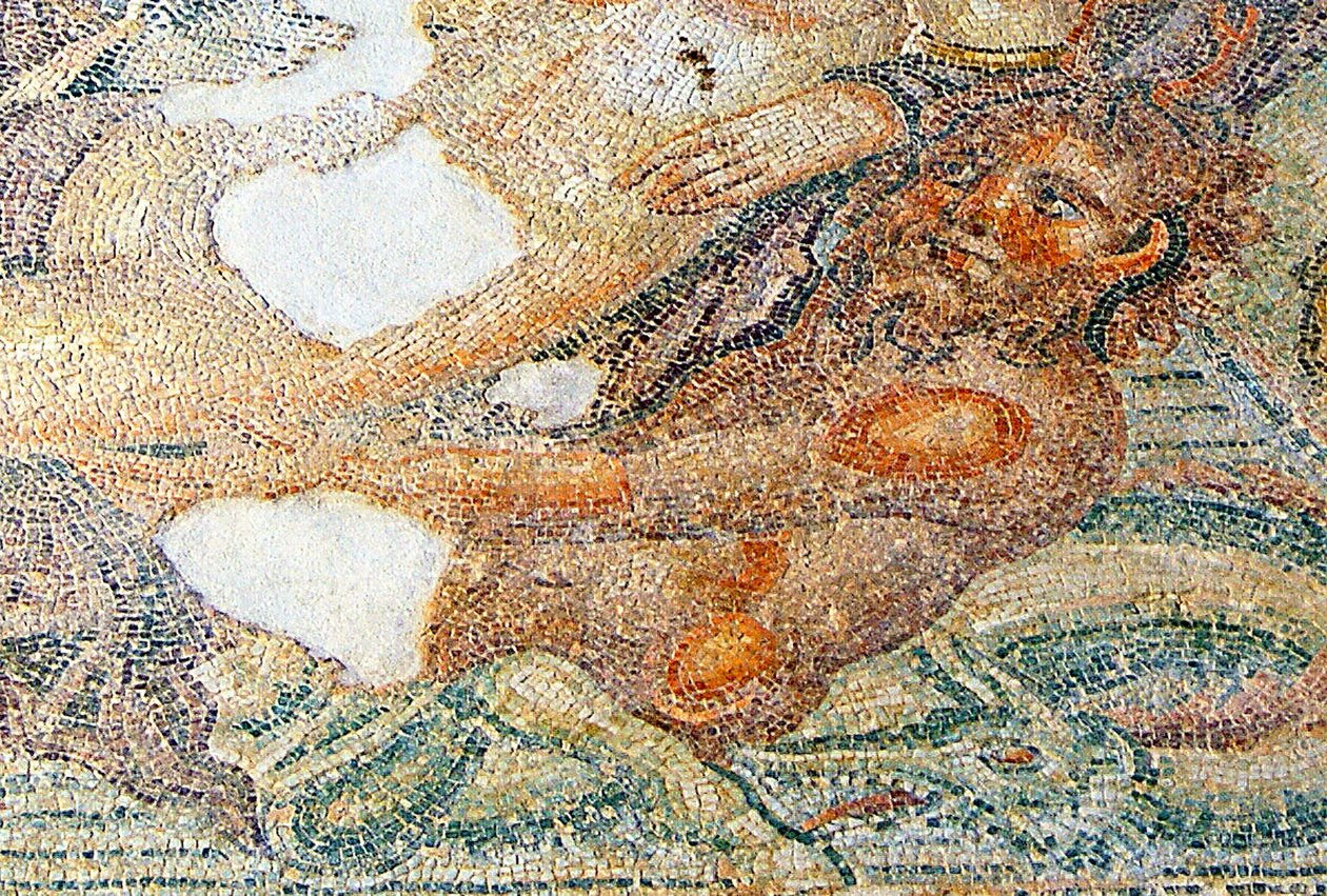 Nereides och Bythos, detalj av Bythos, Aions hus, mosaik i Paphos, Cypern av Roman
