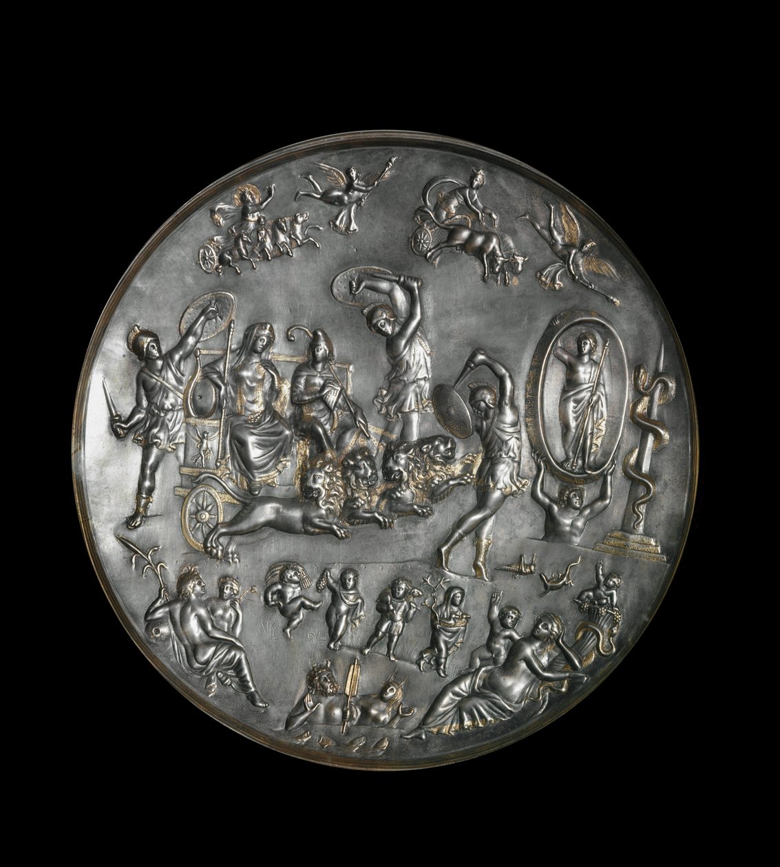 Patere de Parabiago, silverrituell maträtt som skildrar Attis (eller Atys) och Cybeles triumf på en vagn avfyrad av lejon, 300-talet. Silver: Diameter: 40 cm. Musee archelogique de Milan. - Patera of Parabiago, rituell silverplatta, som representerar trium av Roman